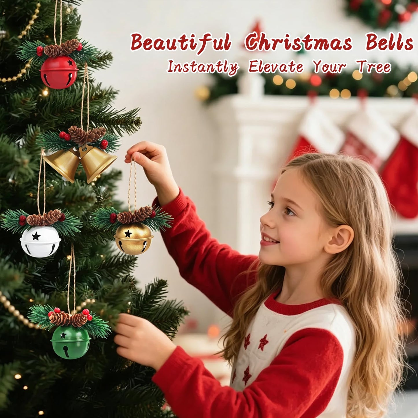 Partyotu 5 Pcs Christmas Bell Ornaments with Pine Cones & Red Berries, Rustic Metal Hanging Bells for Christmas Tree Decorations, Farmhouse Holiday Decor for Home, Mantel, Wreath & Garland
