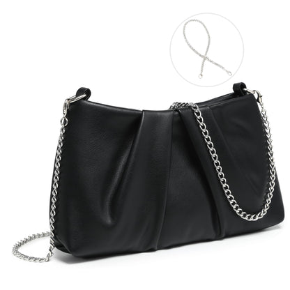 Dasein Elegant Pleated Evening Bag Soft Vegan Leather Clutch Purse Dressy Formal Handbag with 2 Chain Straps for Women (Black)