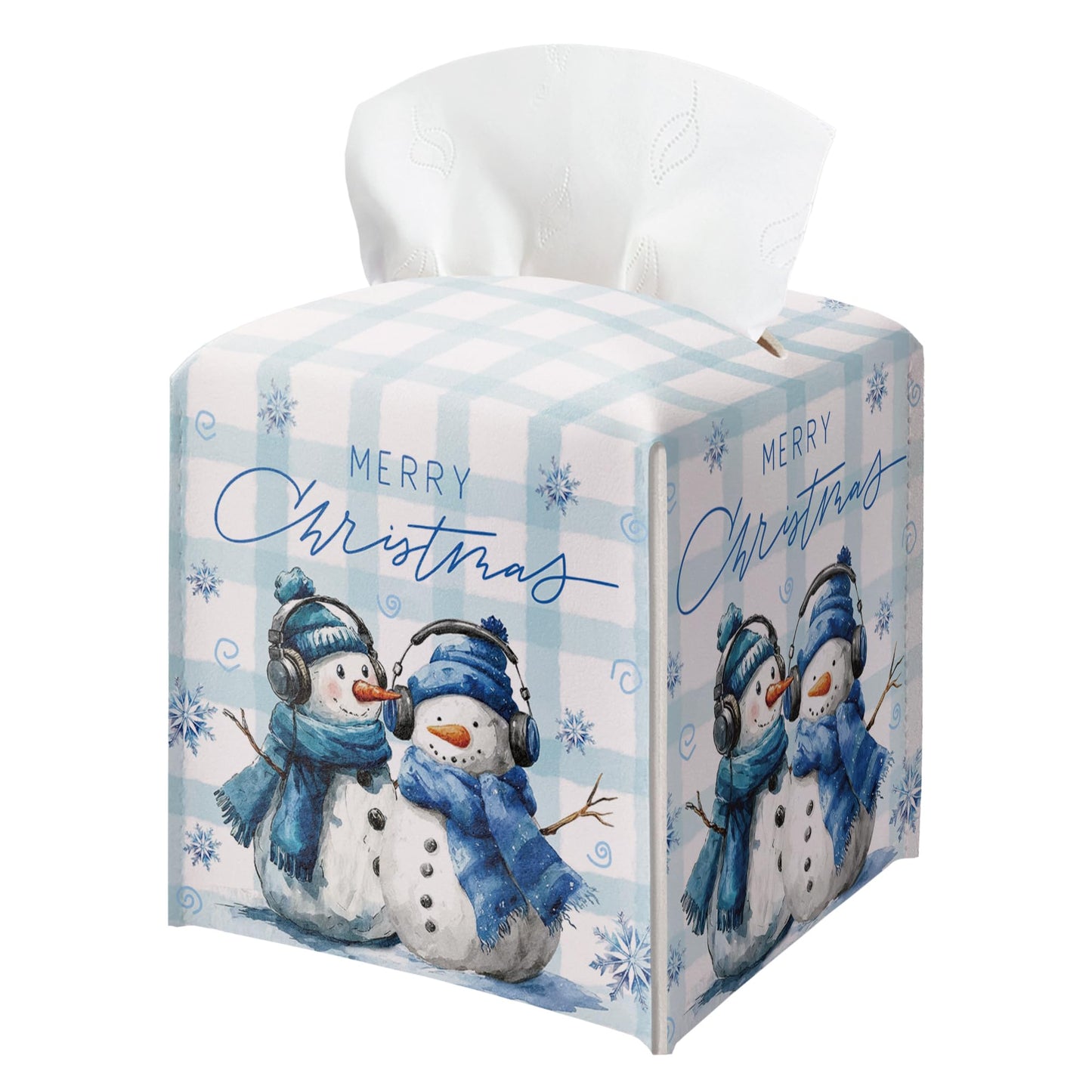 Christmas Snowman Box Cover Square, Blue Checkered Decorative Tissue Box Holder, Waterproof Leather Tissues Boxes Dispenser for Bathroom, Office, Car, Bedroom Nightstand, Home Decor