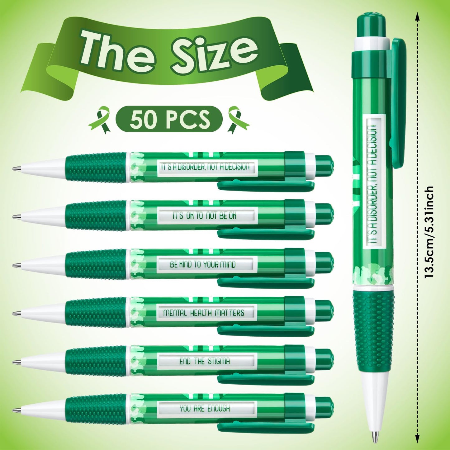 Lincia 50 Pcs Mental Health Awareness Items Green Ribbon Message Pens World Mental Health Day Retractable Ballpoint Pen for School Nonprofit Organization Charity Classroom Supply 1.0 mm Black Ink