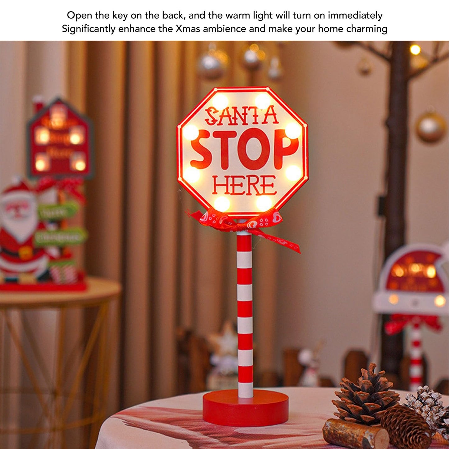 NOENNULL Light Up Santa Stop Here Sign, Santa Stop Here Pole Sign with LED Warm Light Wooden Xmas Desktop Battery Operated Xmas LED for Indoor Holiday Party Fireplace Decoration