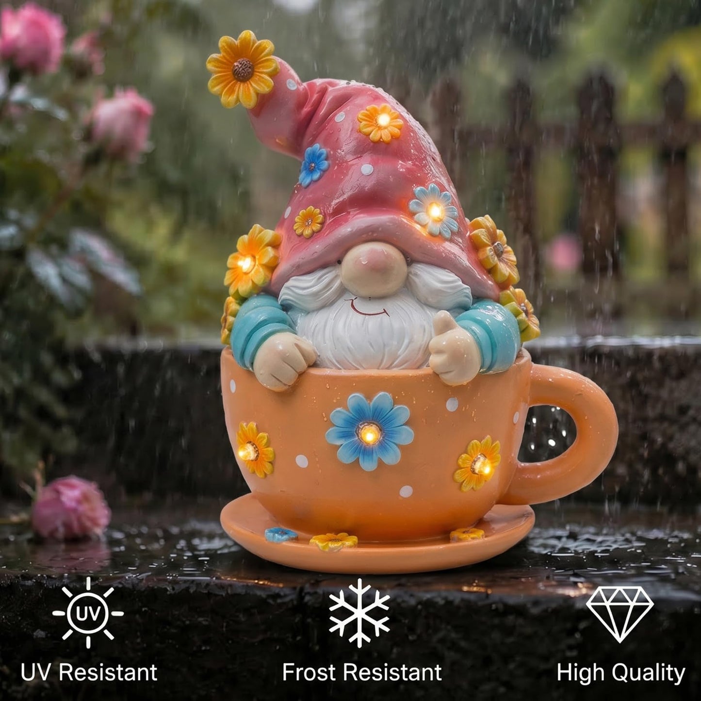 Joint Honglin Solar Garden Gnome Statue in Teacup - Outdoor Gnome Figurine with 5 Glowing LED Flowers, Waterproof Resin Yard Art Decor for Patio, Lawn, Porch, Fairy Garden Gift for Tea Lovers