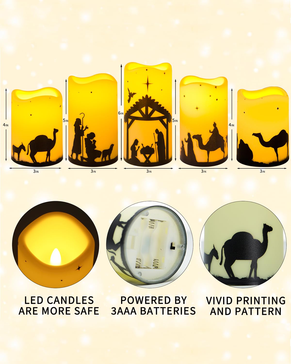 ONEIHOMM 5 Pcs Christmas Nativity Scene Candles with Timer Remote Control