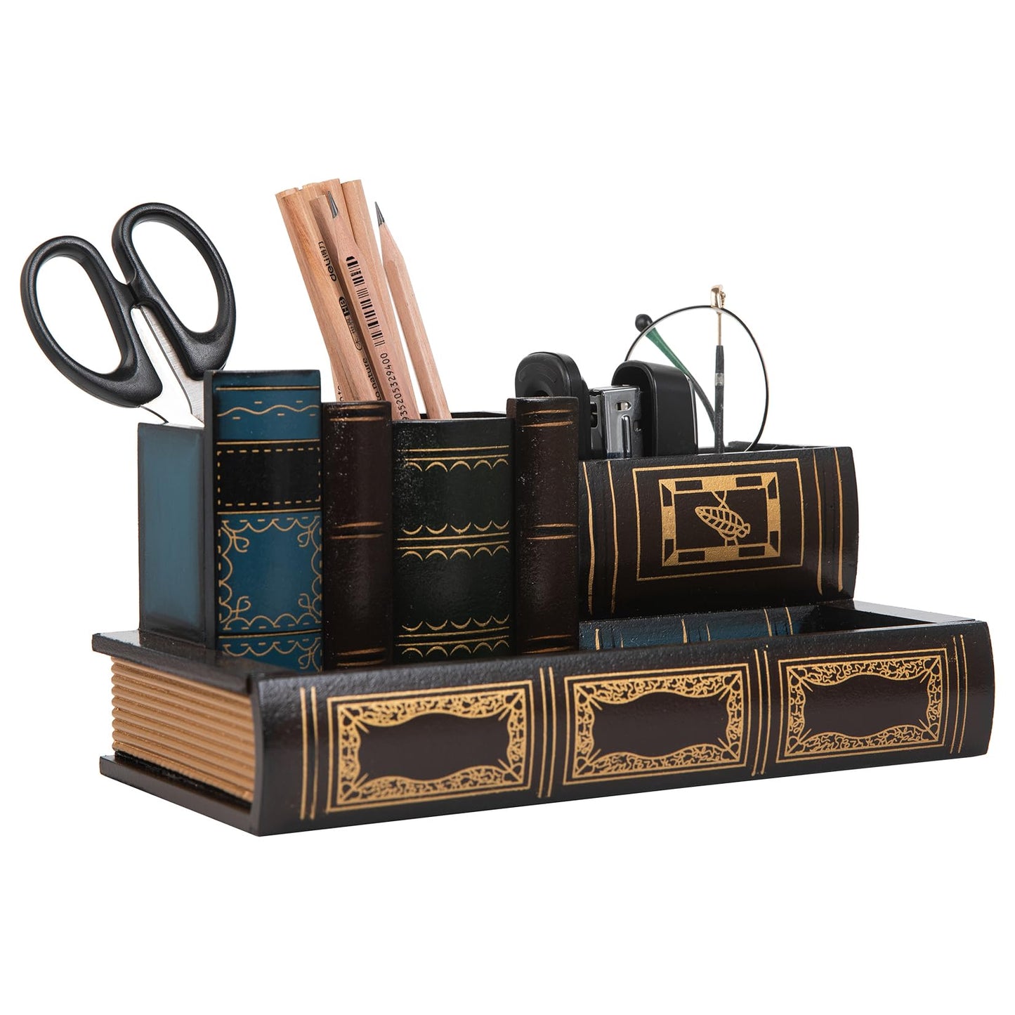 VERGOODR Decorative Pencil and Pen Holder with Storage Drawer, Wooden Desk Organizer Caddy, Antique Library Books Design Pen Cup for Office Supplies, Countertop, Desk,Table (Reddish brown)