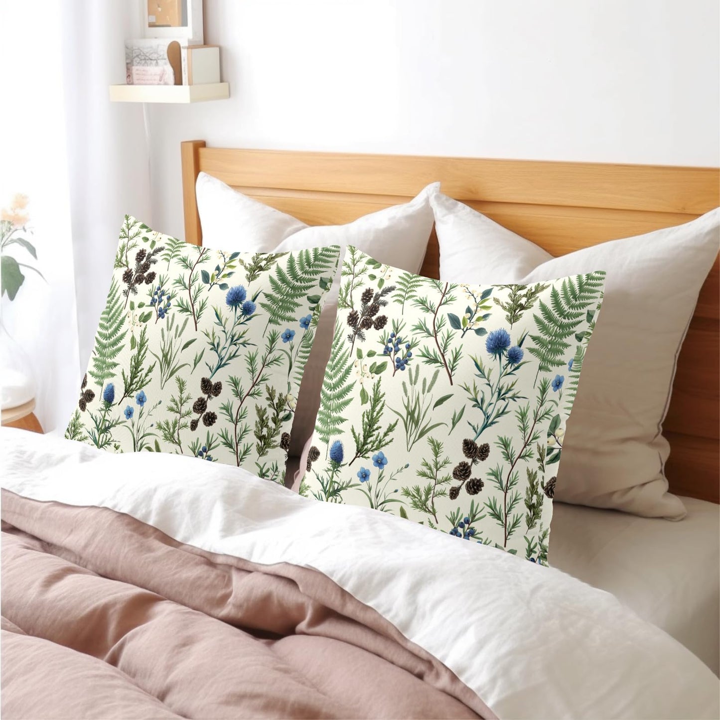 Barneova Spring Summer Pillow Covers 22x22 Inch Set of 2 Green Floral Botanical Decorative Outdoor Throw Pillows Farmhouse Flower Pillowcases Cotton Linen Cushion Covers for Couch Sofa Bed Home Decor