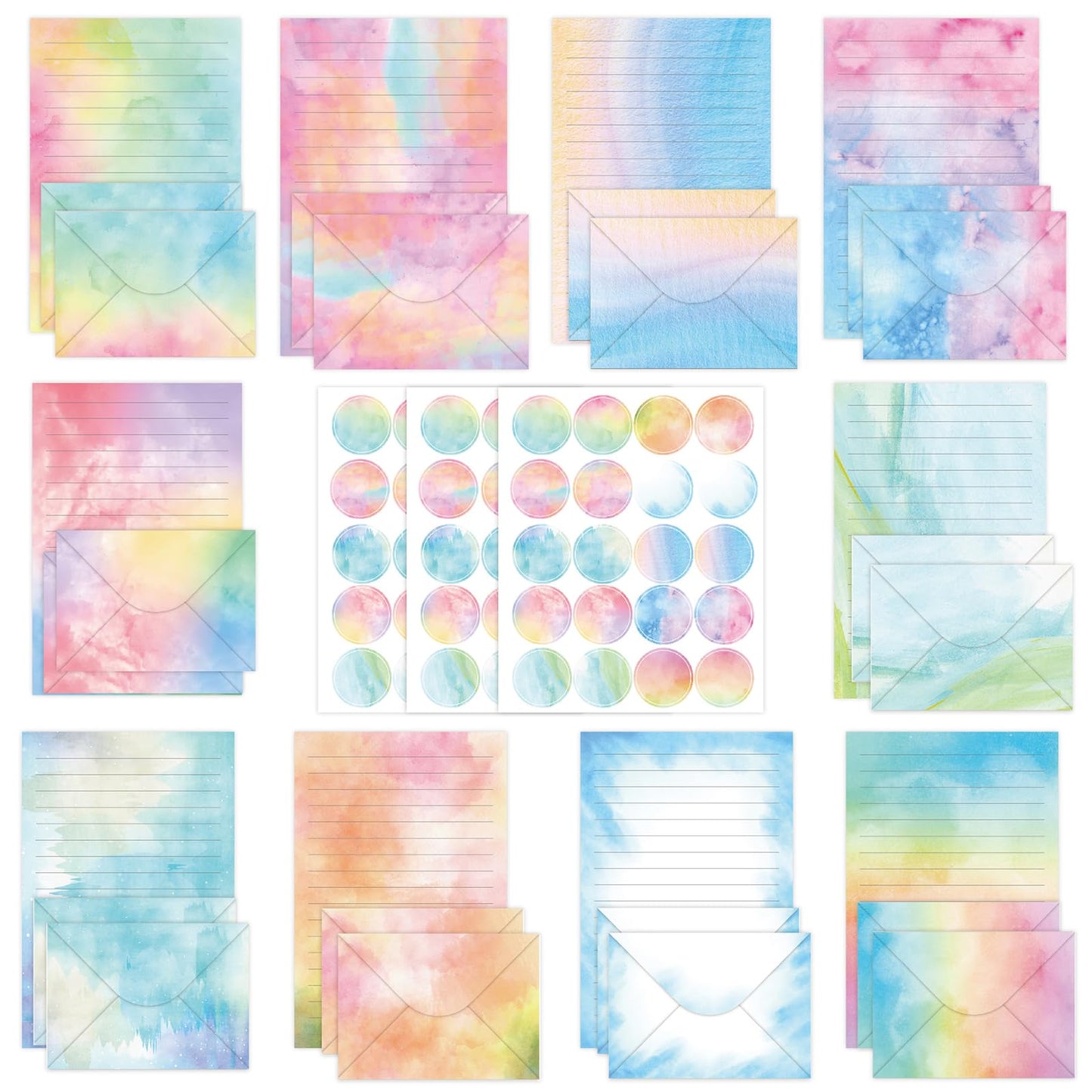AUSTARK 160 Pieces Stationery Set (50 Pieces Lined Stationery Paper 8.25 x 5.5 Inch, 50 Pieces Envelopes, 60 Sealed Stickers) for Letter Writing (Watercolor)