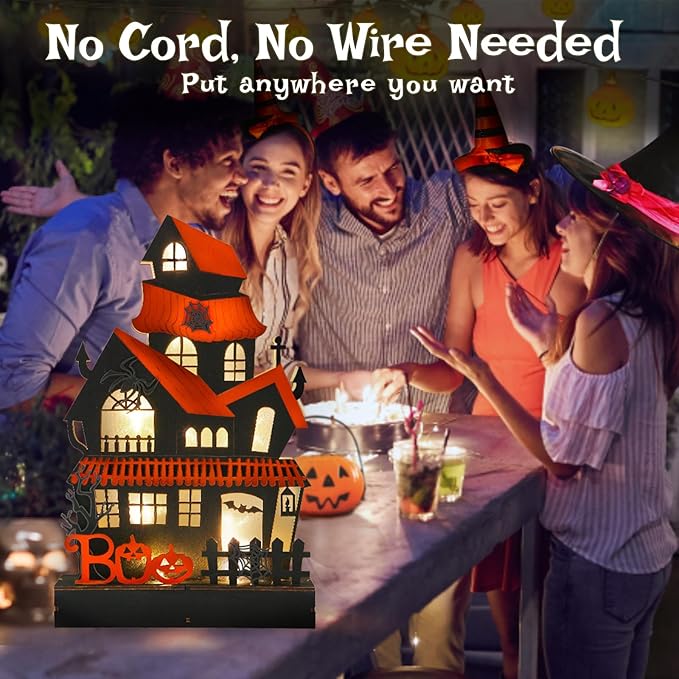 Halloween Decorations Indoor Haunted House Lights, Wooden Tabletop Decoration for Home, Battery Operated Light Up Halloween Decor for Desk Table Fireplace Room Party Decor