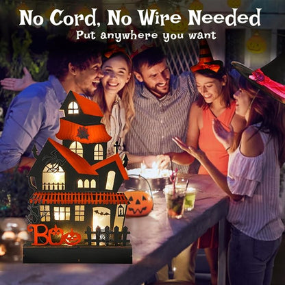 Halloween Decorations Indoor Haunted House Lights, Wooden Tabletop Decoration for Home, Battery Operated Light Up Halloween Decor for Desk Table Fireplace Room Party Decor
