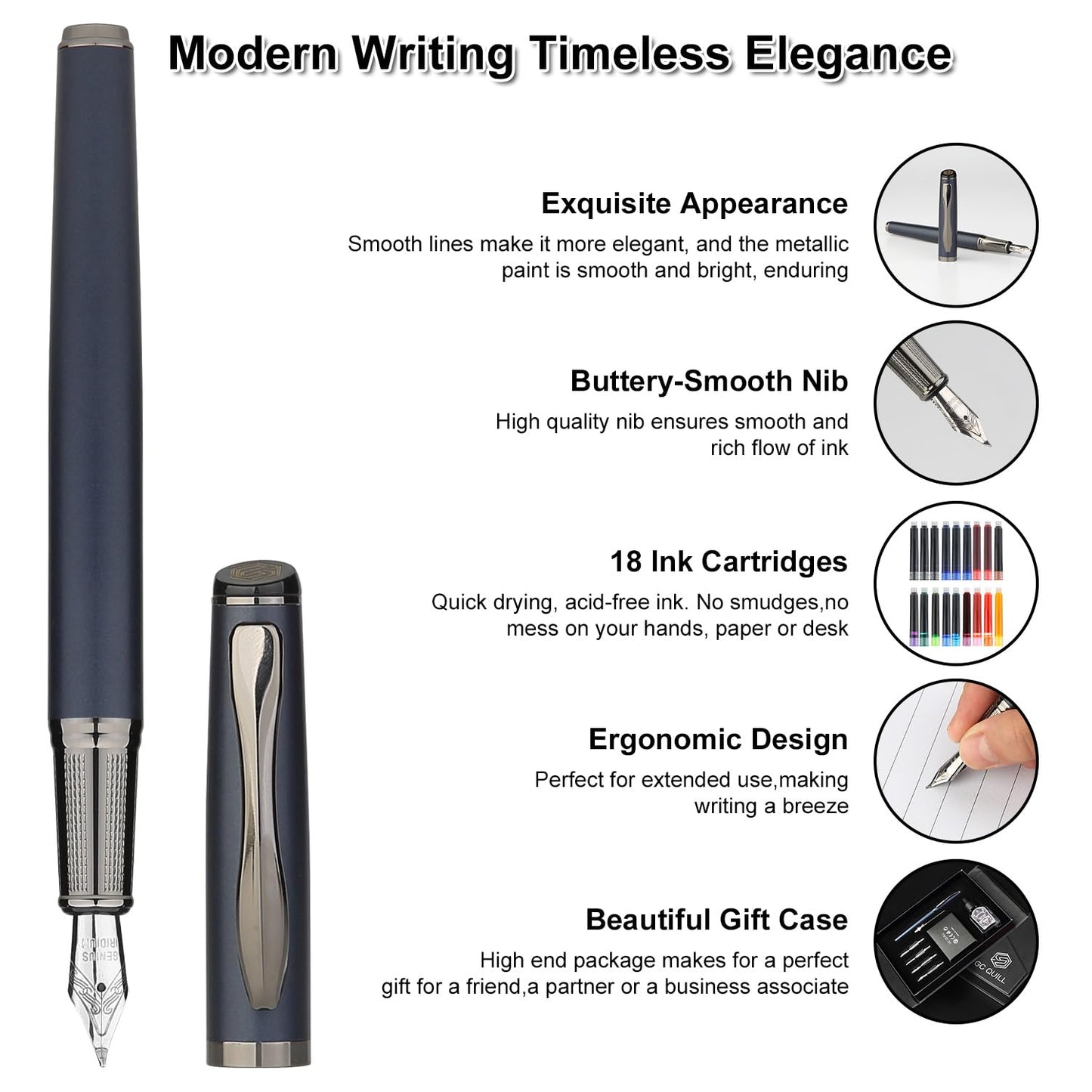 GC QUILL Calligraphy Fountain Pen Set - Includes 5 Nibs, Ink Bottle, Ink Refill Converter and 18 Cartridges, Fancy Pen for Women Men Gift - MU-25