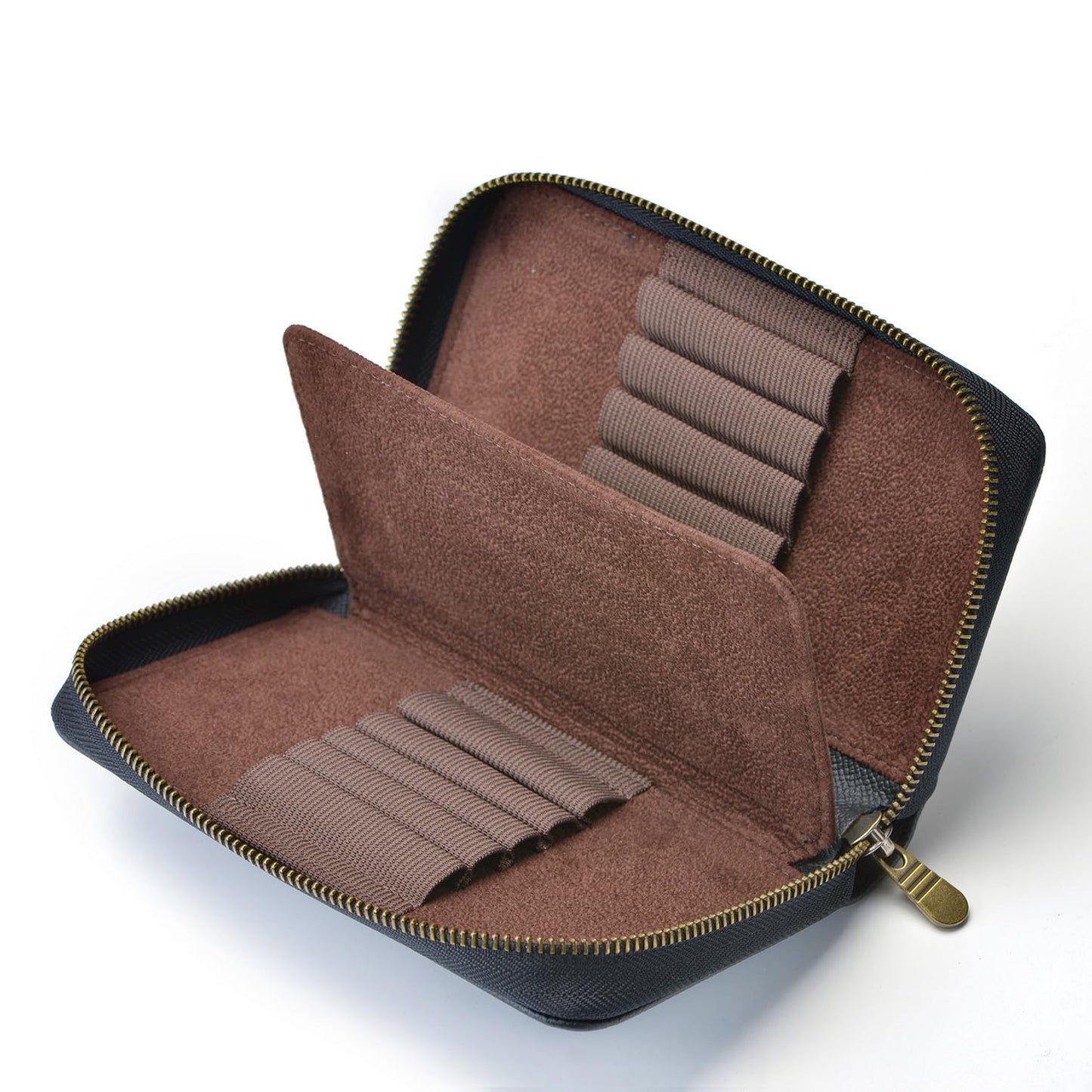 Fountain Pen Case Genuine Leather Pen Case 10 Divided Slots Black, Rollerball Pen Holder Handmade Display Organizer Zippered Pouch