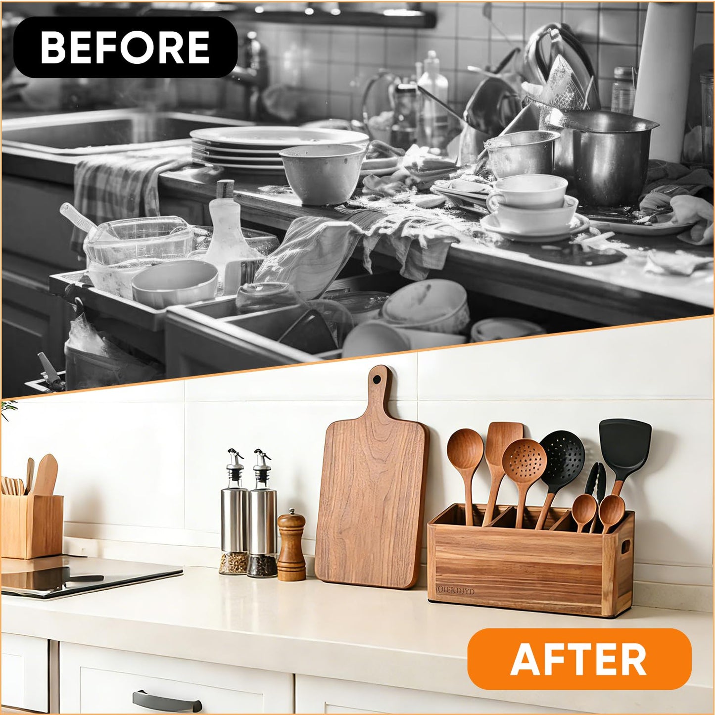 OIEKDJYD Wooden Utensil Holder for Kitchen Counter - Large Utensil Organizer with 3 Compartment, Cooking Tool Crock & Farmhouse Kitchen Accessories