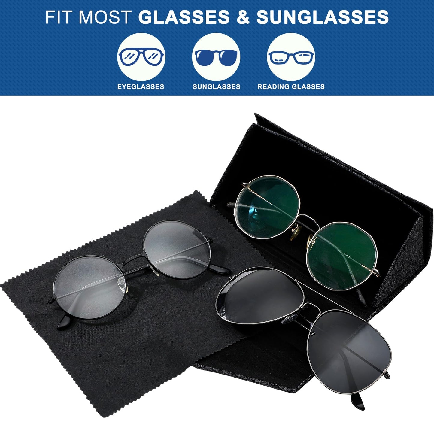 Flutesan 4 Pack Foldable Glasses Sunglasses Case PU Hard Shell Collapsible Eyeglasses Leather Case 4 Cleaning Cloths(Black Color)