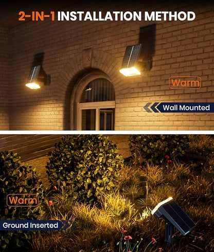 Solar Spot Lights Outdoor,Adjustable Warm&Cool,IP67 Waterproof,3 Color+3 Modes,2-in-1 Wall Lights Solar Powered Spotlights for Pathway/Garden/Yard/Patio/Driveway/Tree/Landscape Lighting Outside Decor