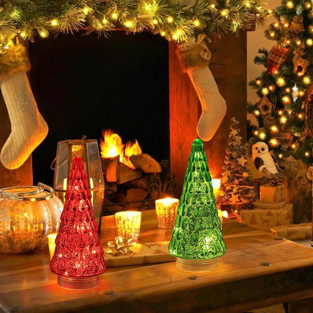 PHITRIC Christmas Decorations Indoor, 2 PCS Sparkling Glass Christmas Tree Table Centerpieces Decor with LED Lights and Timer, Xmas Tree Decorations for Home, Mantel, Shelf, Tabletop (Red & Green)