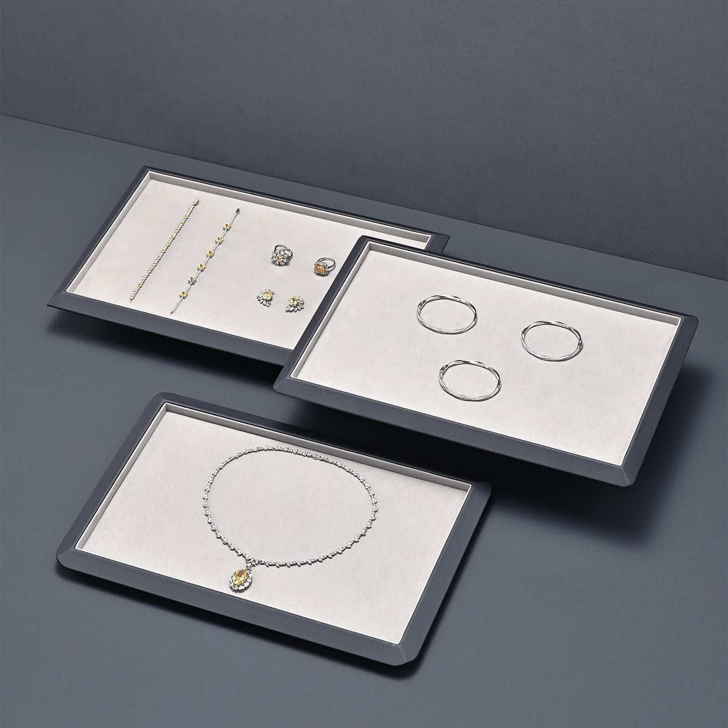 Oirlv Gray Leather Jewelry Display Tray with Microfiber Lining, Premium Square Corner Organizer