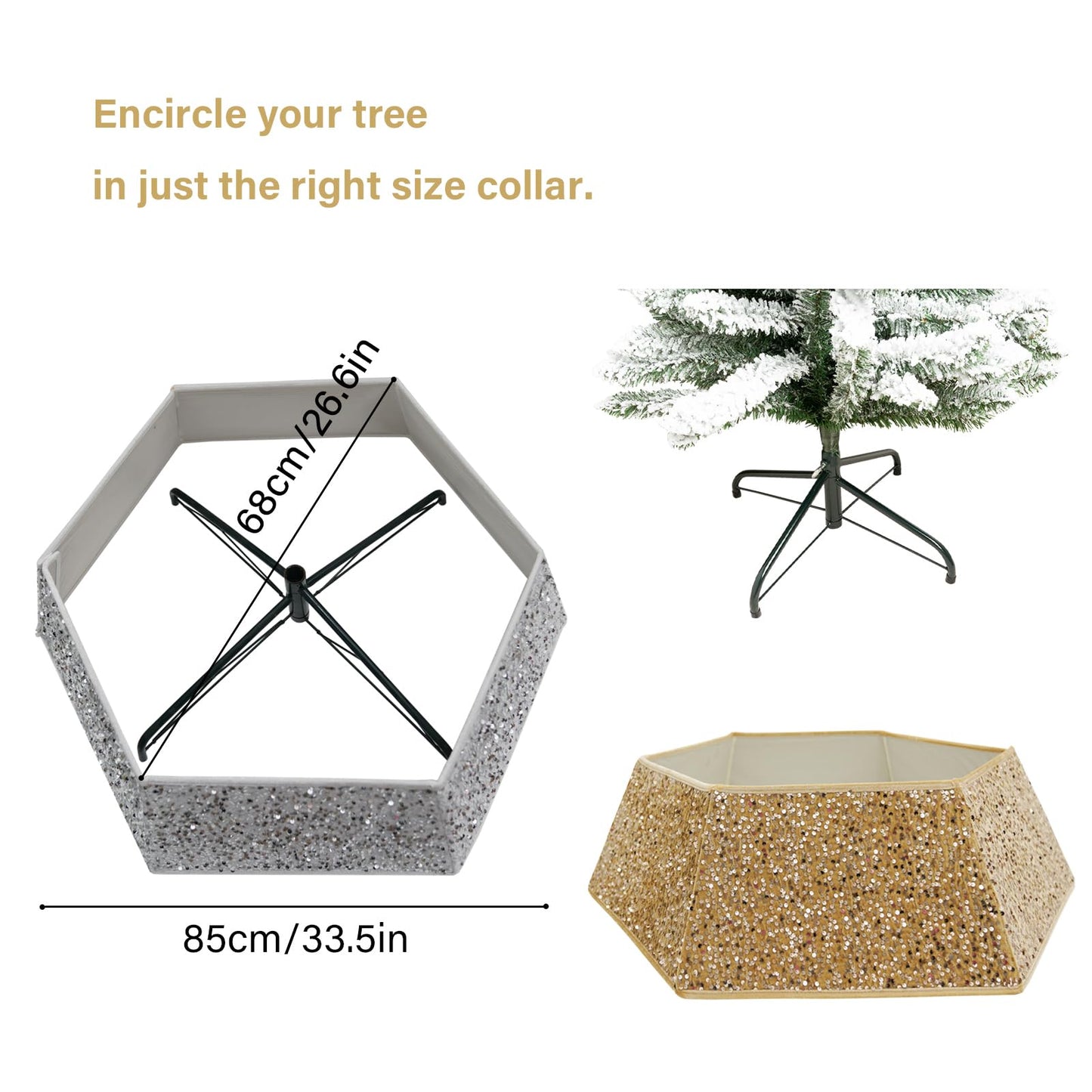 Champagne Gold Christmas Tree Collar with Sparkling Sequins,Christmas Tree Collars for Atificial Trees, 33.5 Inch Christmas Tree Skirt, Xmas Tree Stand Base Cover,Holiday Home Decor Tree Ring(Large)