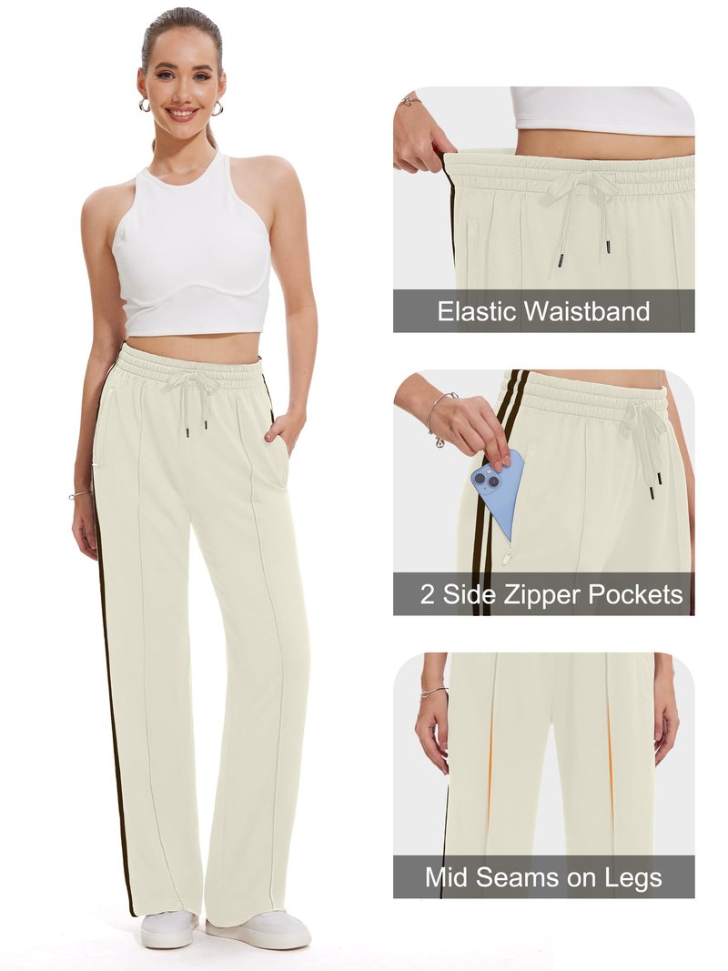 Tapata Long Women's 32" Inseam Casual Pants Track Athletic Sweatpants Warm Up Loose Side Stripe Street Slacks, Beige, L