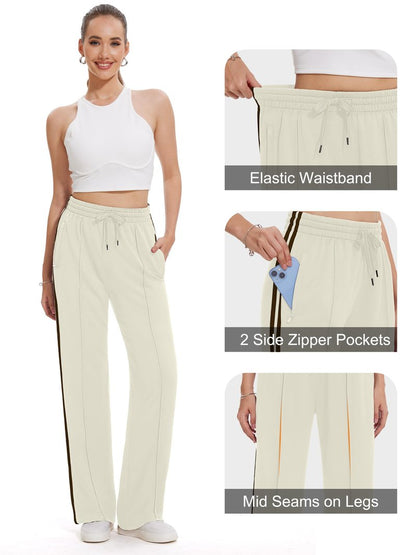 Tapata Long Women's 32" Inseam Casual Pants Track Athletic Sweatpants Warm Up Loose Side Stripe Street Slacks, Beige, L