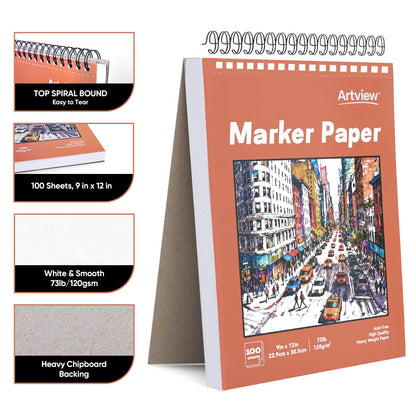 Artview 9" x 12" Marker Paper Pad, 100 Sheets, 73 lb/120 GSM Heavyweight Spiral Marker Paper, Bleed-Resistant for Alcohol Markers, Dual-Sided Drawing & Painting for Adults and Kids