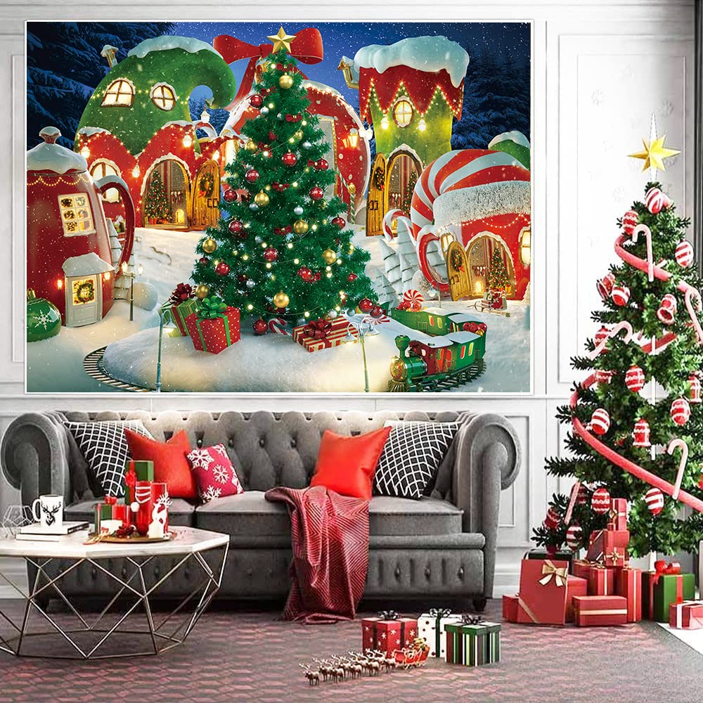 Cartoon Christmas Village Photography Backdrop Winter Snow Pine Tree Background Xmas Fairy Tale Animated Kid Party Photo Booth Banner Supplies (10x8)