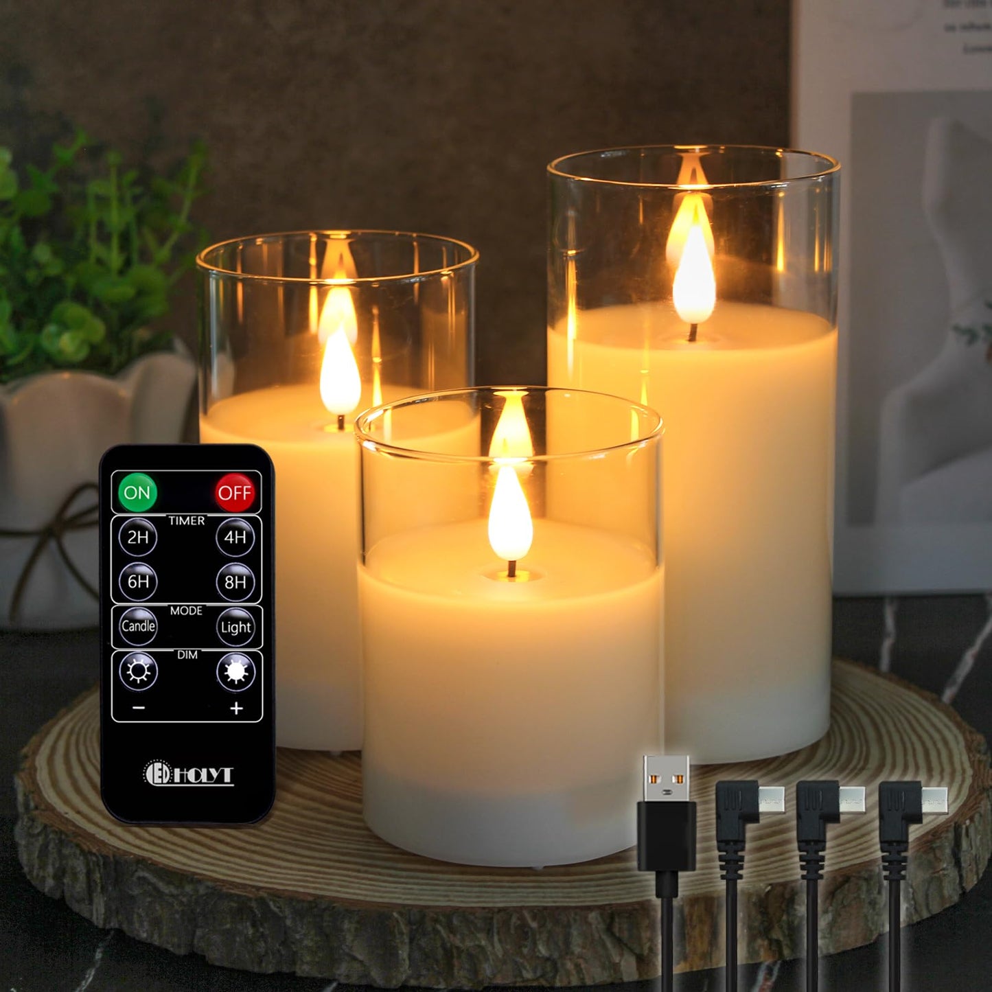 LEDHOLYT Rechargeable Flameless Glass Pillar Candles–Gifts for Women,–Set of 3, Realistic Flickering LED Flame,Remote & Timer, Ideal for Living Room, Bedroom & Halloween Festival Home Party Decor