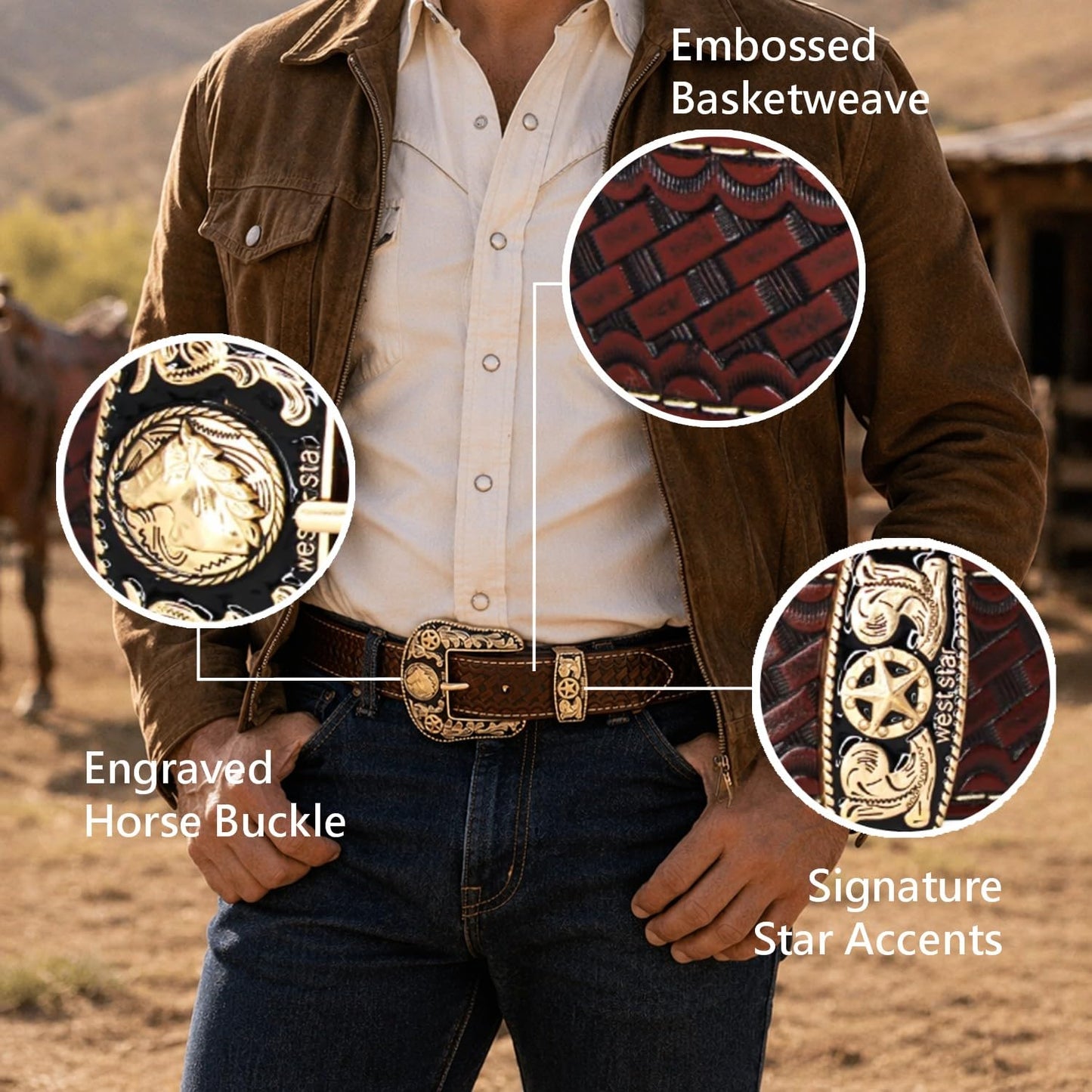 West Star Texas Cowboy Belt for Men - Genuine Leather Western Belt with Engraved Buckle, Country Rodeo Style (Coffee Basketweave, M)