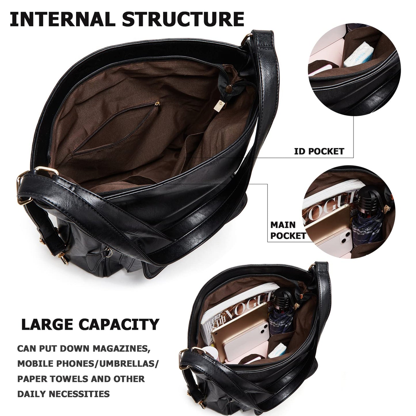 myfriday Vintage Leather Fashion Backpack Purse for Women Large Capacity Convertible Backpack Travel Daily Daypack (Black)