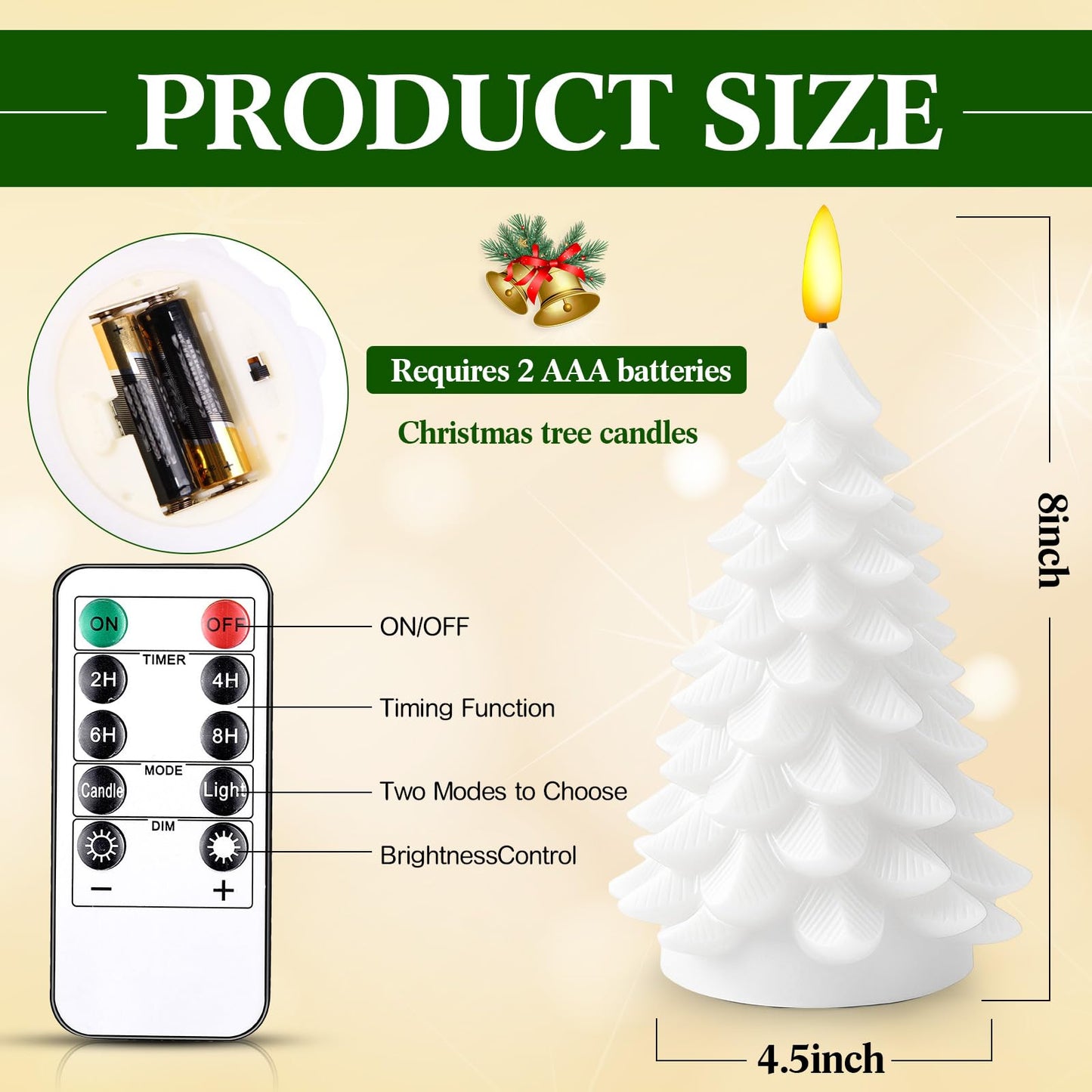 Aurelema 2 Pack 8" Large Christmas Tree Flameless Candle with Remote Timer, Large Real Wax Battery Operated Pillar Candle, 3D Wick LED Flickering Candles for Xmas Party Home Dinner Decor(White)