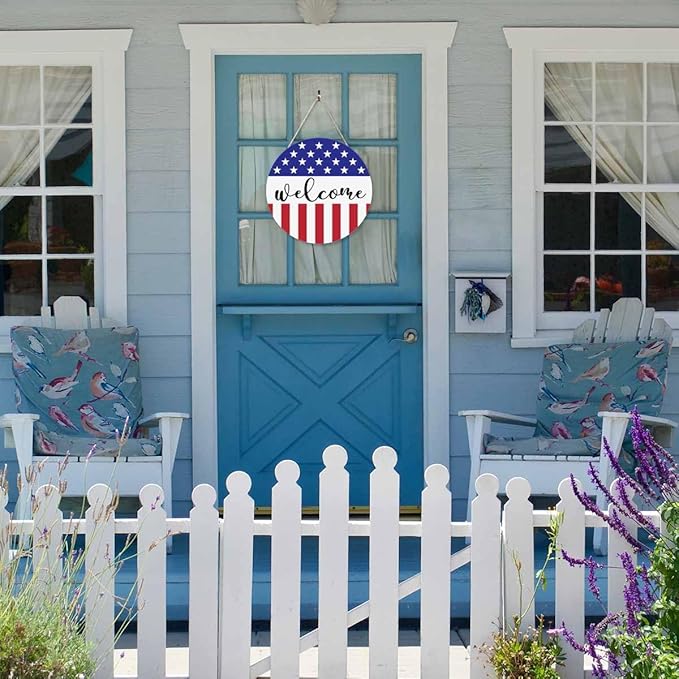 Welcome Wreath Sign for Farmhouse Front Porch Decor Patriotic Welcome Sign 12Inch Wooden Seasonal Decor Hanging Present