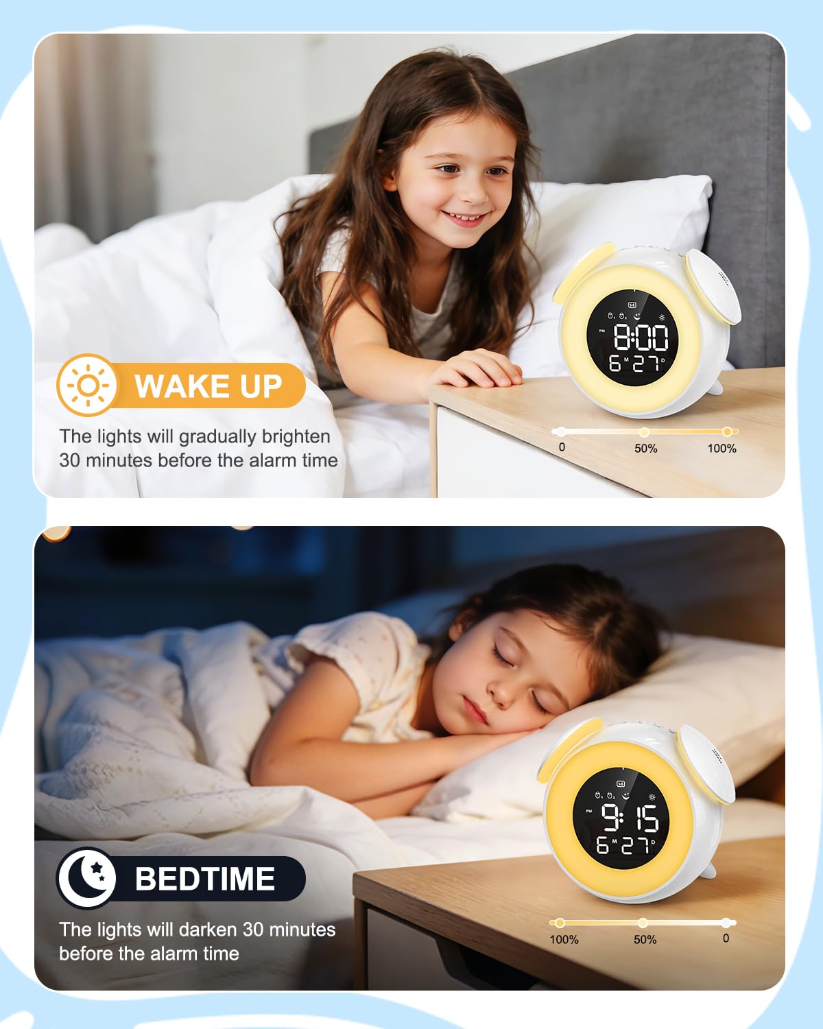Homiyteck Kids Alarm Clock, Toddler Sleep Training Clock, OK to Wake Alarm Clock with 9 Colors Night Light, 7 Soothing Sounds, Dual Alarms, Birthday Gift for Boy Girls Children