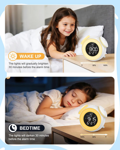 Homiyteck Kids Alarm Clock, Toddler Sleep Training Clock, OK to Wake Alarm Clock with 9 Colors Night Light, 7 Soothing Sounds, Dual Alarms, Birthday Gift for Boy Girls Children