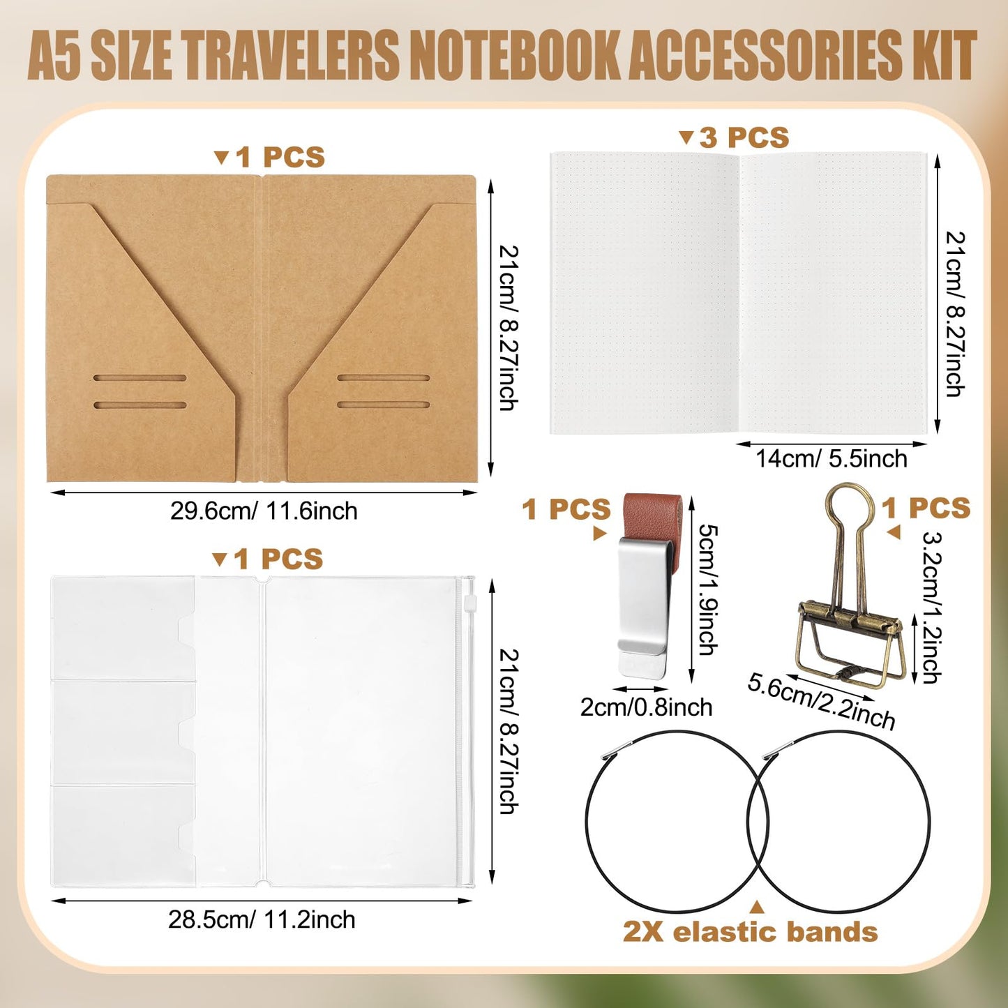Thenshop 5 Pcs Notebook Accessories Kit for Travelers Include Dot Grid Kraft Paper Notebooks, Travel Kraft File Folder, Zipper Case, Pen Holder, Binder Clip and Elastic Bands Travel Accessories