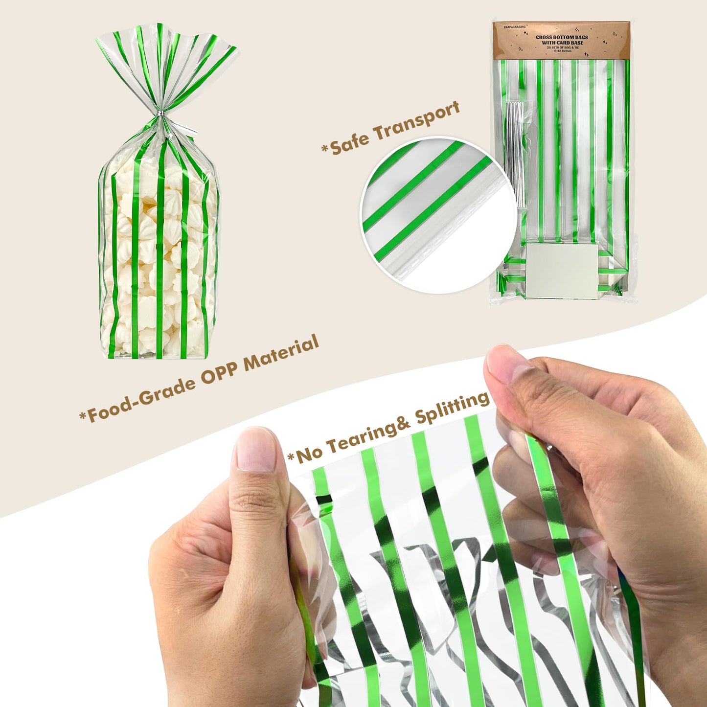 EKAPACKAGING 25 Pcs 3.21x2.42x12in Flat Bottom Cellophane Bags (6x12in Flat Size), Foil Green Stripe Treat Bags with Ties, Heat Sealable Clear Cello Bags for Cookies