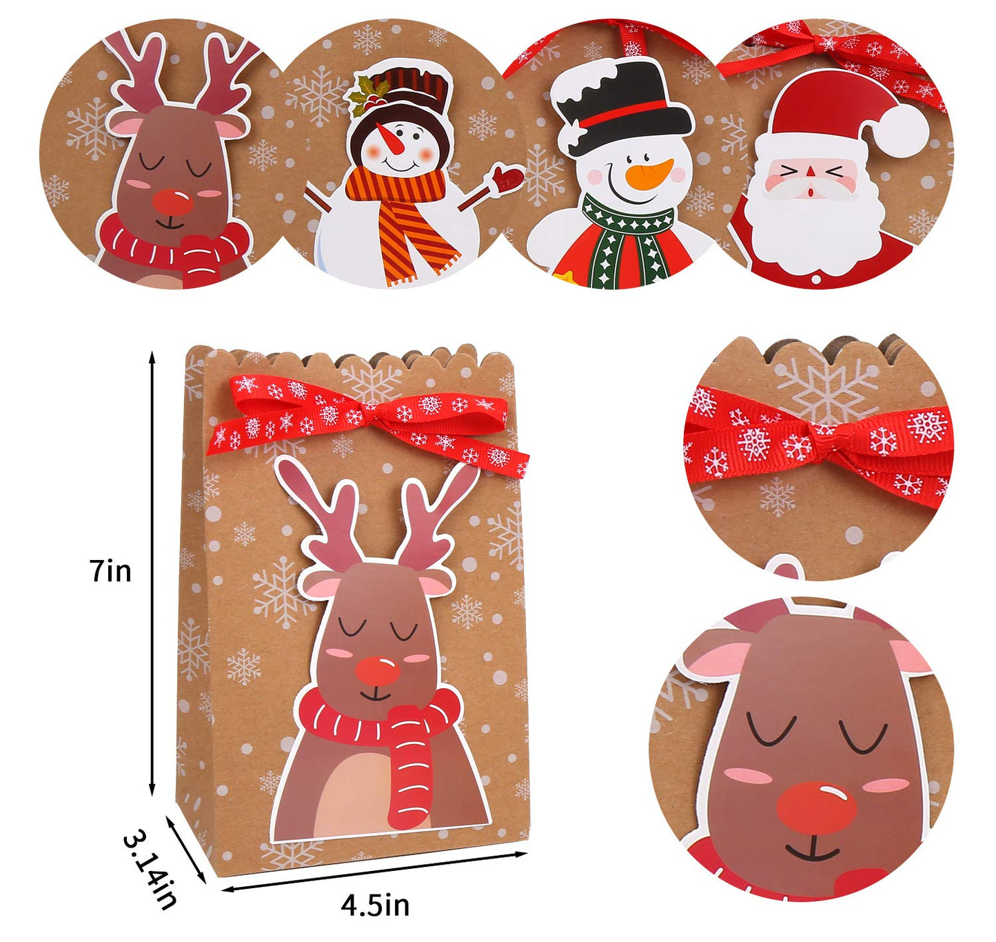 FINGOOO 24 Christmas Kraft Gift Bags,Mini 5x3x7 Inch Holiday Treat Bags Xmas Paper Goody Bags with Ribbon for Christmas Party Supplies (6 Designs)