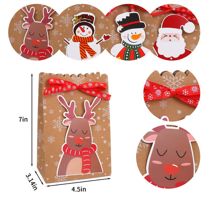 FINGOOO 24 Christmas Kraft Gift Bags,Mini 5x3x7 Inch Holiday Treat Bags Xmas Paper Goody Bags with Ribbon for Christmas Party Supplies (6 Designs)