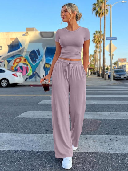 Trendy Queen Summer Lounge Set - Women's 2-Piece Matching Outfit with Side Ruching Top & Wide Leg Pants | Pockets Included
