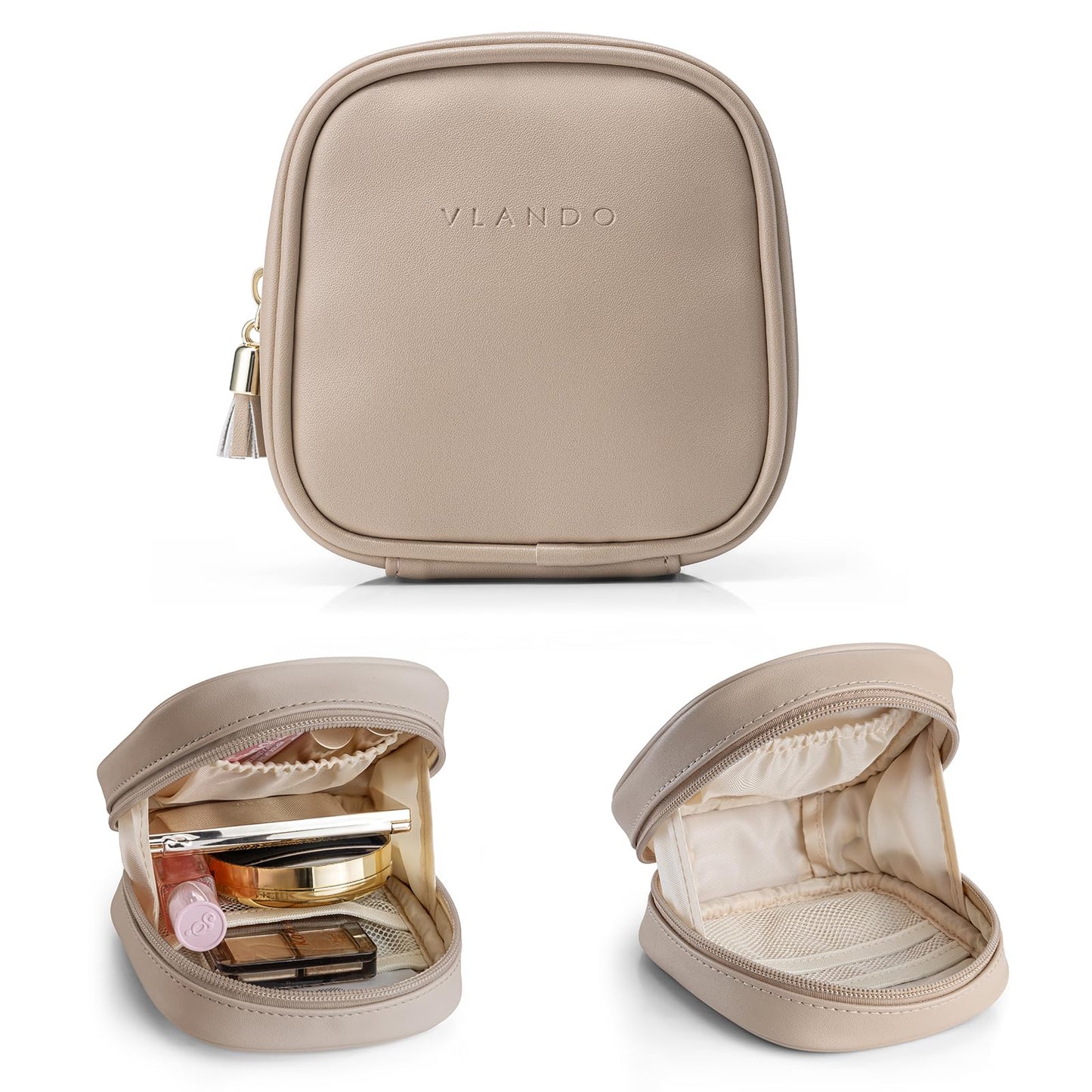 VLANDO Mini Makeup Bag, Small Makeup Bag for Purse with Slip-in Pockets, Portable Travel Toiletry Bag with Zipper, Waterproof Travel Essentials for Women - Toffee