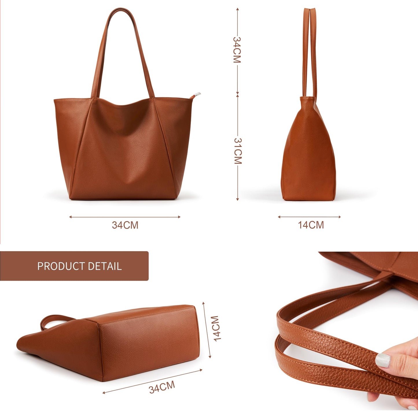 KALIDI Large Tote Bag Vegan Leather Casual Zipper Work Bag Weekender Hobo for Women 25L Oversize Shoulder Travel Purse