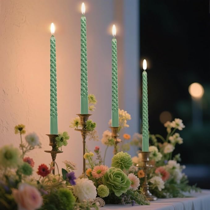 Tobeape Sage Green Twisted Taper Candles Set of 12, 10 Inch Tall Unscented Dripless, Smokeless Spiral Christmas Tapered Candlestick for Wedding Home Décor Dinner St. Patrick's Day- 8 Hour Long Burning