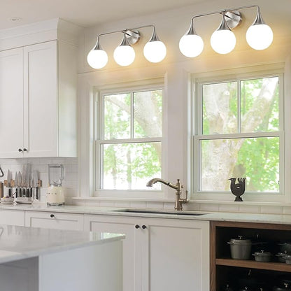 Bathroom Vanity Light Fixtures: Brushed Nickel 3-Light Mid Century Modern Bathroom Lighting Fixtures Over Mirror - Wall Sconce with Milky White Globe Glass for Bath Living Room