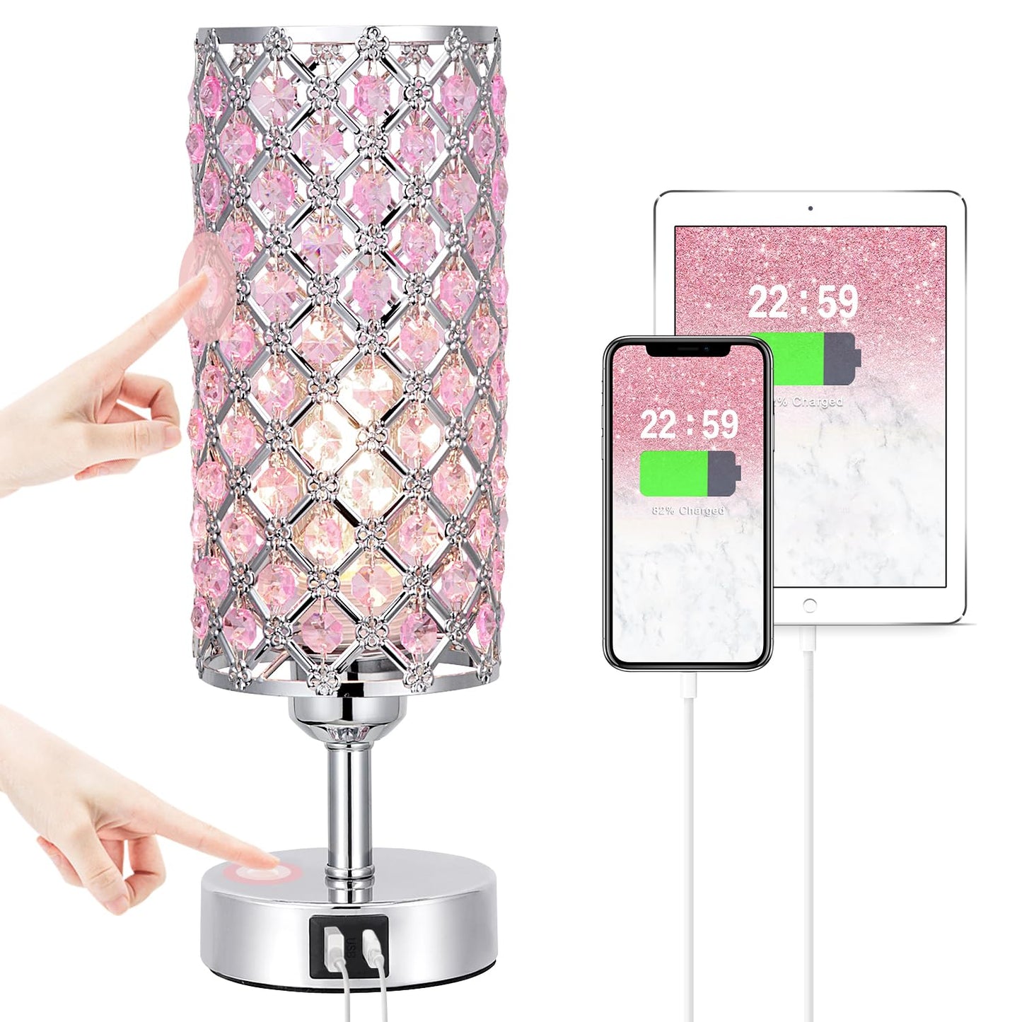 Hong-in Crystal Table Lamp, Pink Touch Lamp with USB C+A Ports, 3 Way Dimmable Bedroom Light with Crystal Shade, Bedside Nightstand Small Lamp for Girl Bedroom, Living Room(Buld Included)