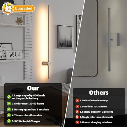 Battery Operated Wall Sconces with Remote, Dimmable 3000K-6000K/Timer/Memory LED Wall Lamp, 350°Rotate, USB Rechargeable Wireless wall lights for Living Room, Bedroom Brushed Nickel 39.3" (2 Pack)