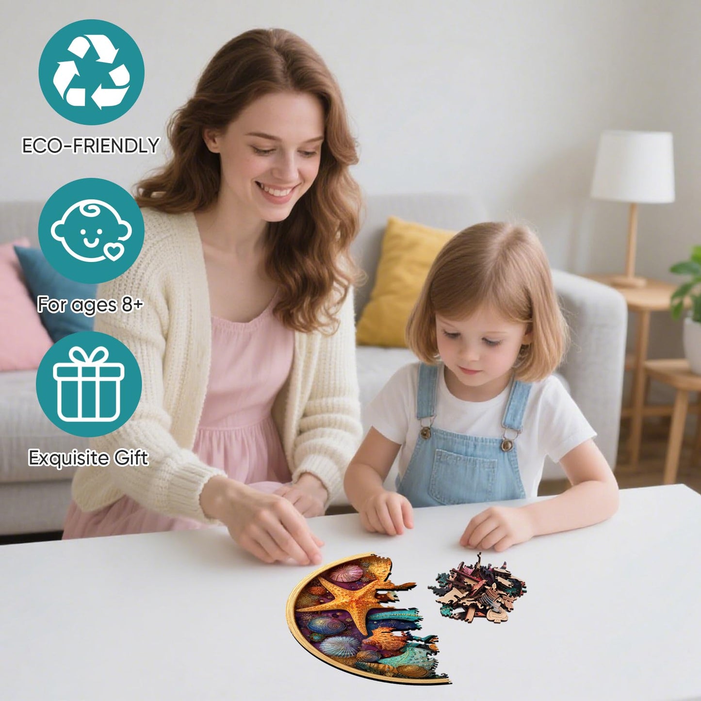 Mocfesk Wooden Puzzles for Adults, Shell Starfish Puzzles 200 Pieces, Unique Shaped Underwater Ocean Jigsaw Puzzles, Birthday Gifts Fun Family Game 11.2'' x 11.2''