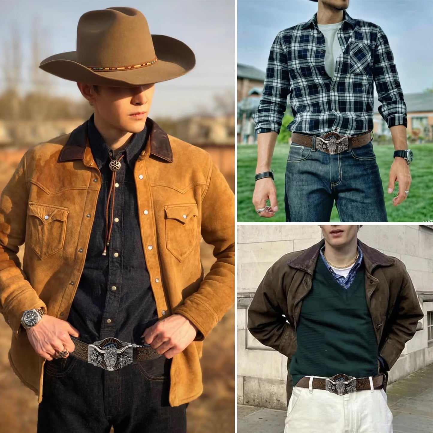 Evbopa Men's Western Cowboy Belt Mens Engraved Buckle Leather Belts for Jeans