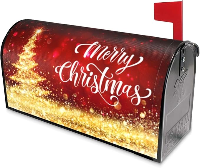Mailbox Covers Merry Christmas Red Gold Magnetic Letter Post Box Cover Standard Size 21 x 18 Inch Garden Yard Home Decorative