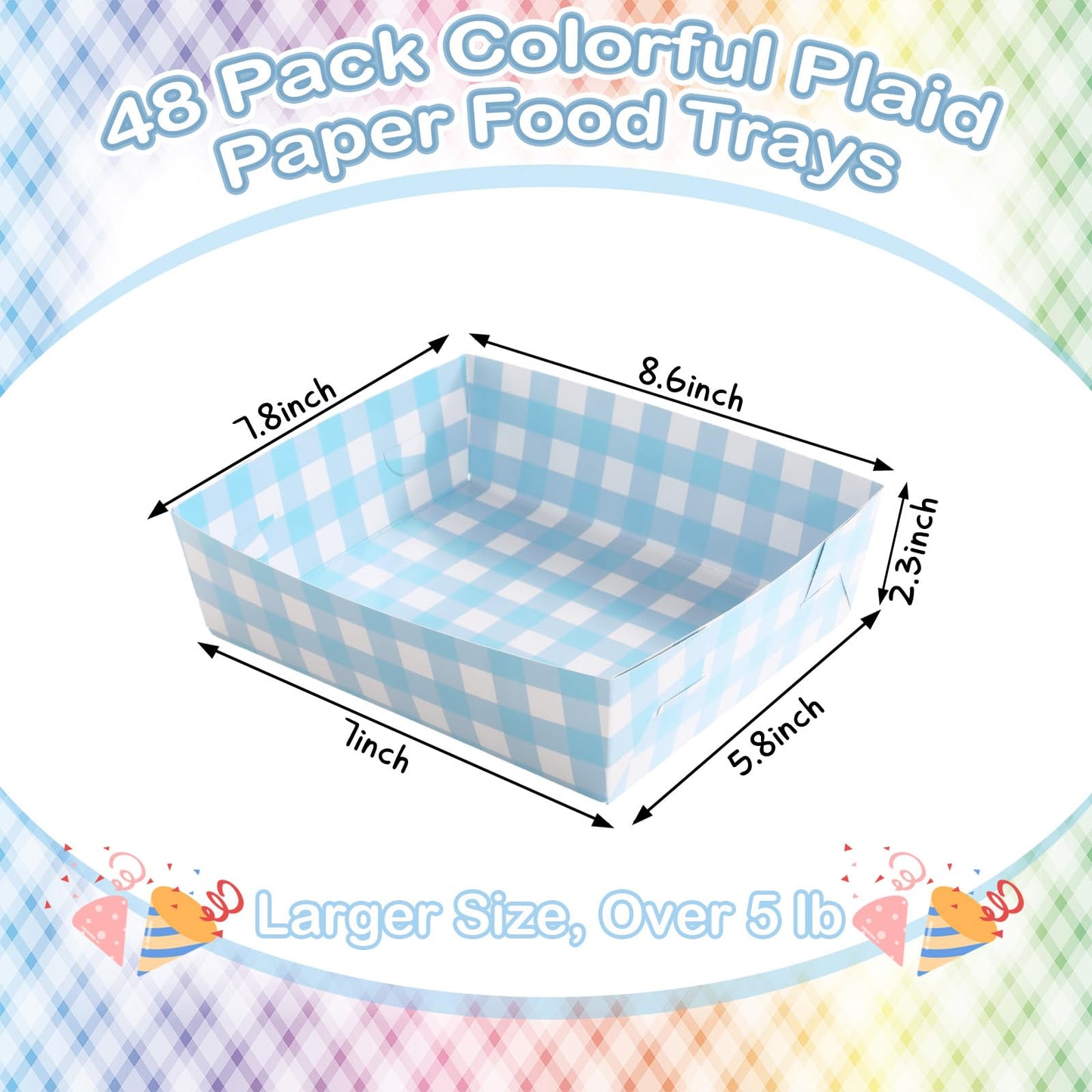 Suclain 48 Pack Light Blue and White Gingham Paper Trays 5 lb Grease Resistant Large Snack Serving Trays Disposable Food Boats for Christmas Party Baby Shower Supplies