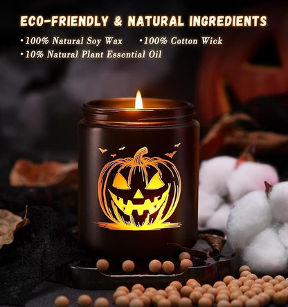 Halloween Decor Indoor-Halloween Gifts Candles for Women with LED Pumpkin Face,Fall Candles with Pumpkin Spice Scent Over 40 Hours of Burn Time, Gift for Home Fall Decorations Indoor, 100% Soy Wax