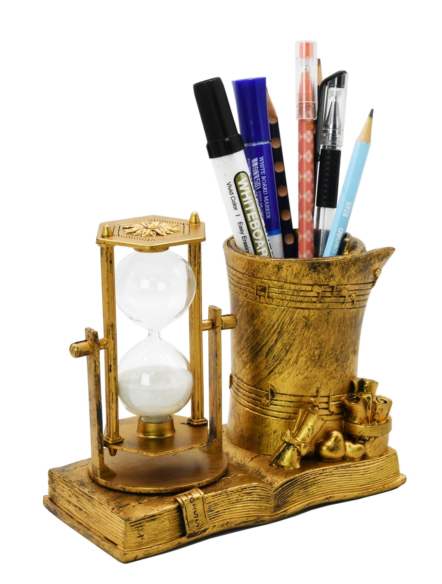 Music-Themed Pencil Holder with Hourglass, Resin Desktop Organizer for Office & Study, Pen Holder with Sand Timer, Classic Addition Scissors Storage, Artistic Accessory Gift