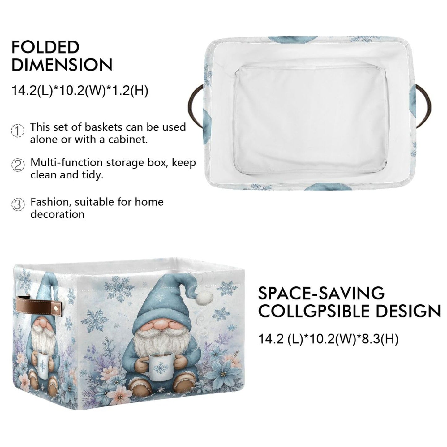 Pfrewn Christmas Winter Storage Basket Cute Gnome White Snowflakes Flowers Collapsible Rectangular Storage Boxes Organizer Shelf Basket Toy Book Storage Bin for Nursery 1 Pack