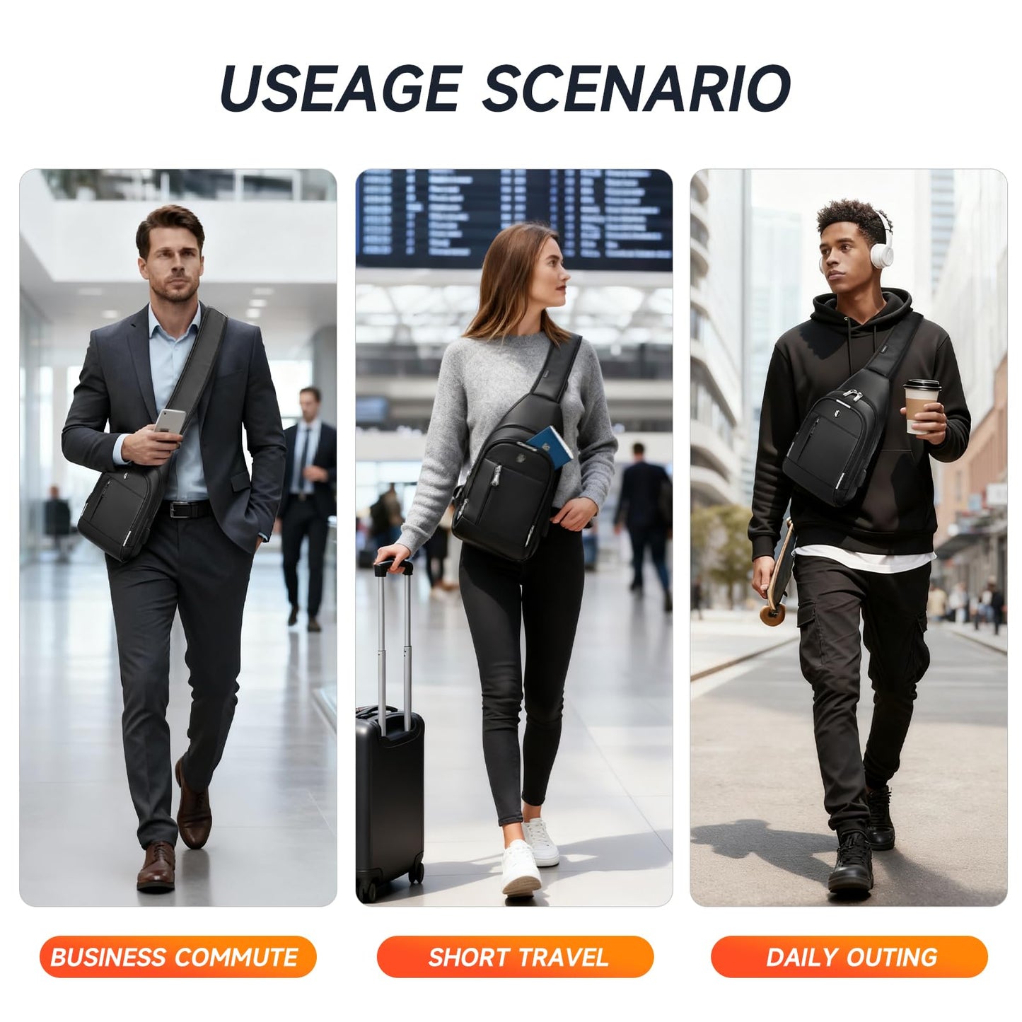 Crossbody Bag for Men, Sling Bag with USB Charging Port & Reflective Strips, Water-Resistant Shoulder Bag Fits Switch 2, Small Backpack Daypack for Travel, Hiking, Gym, Running, Daily Commute